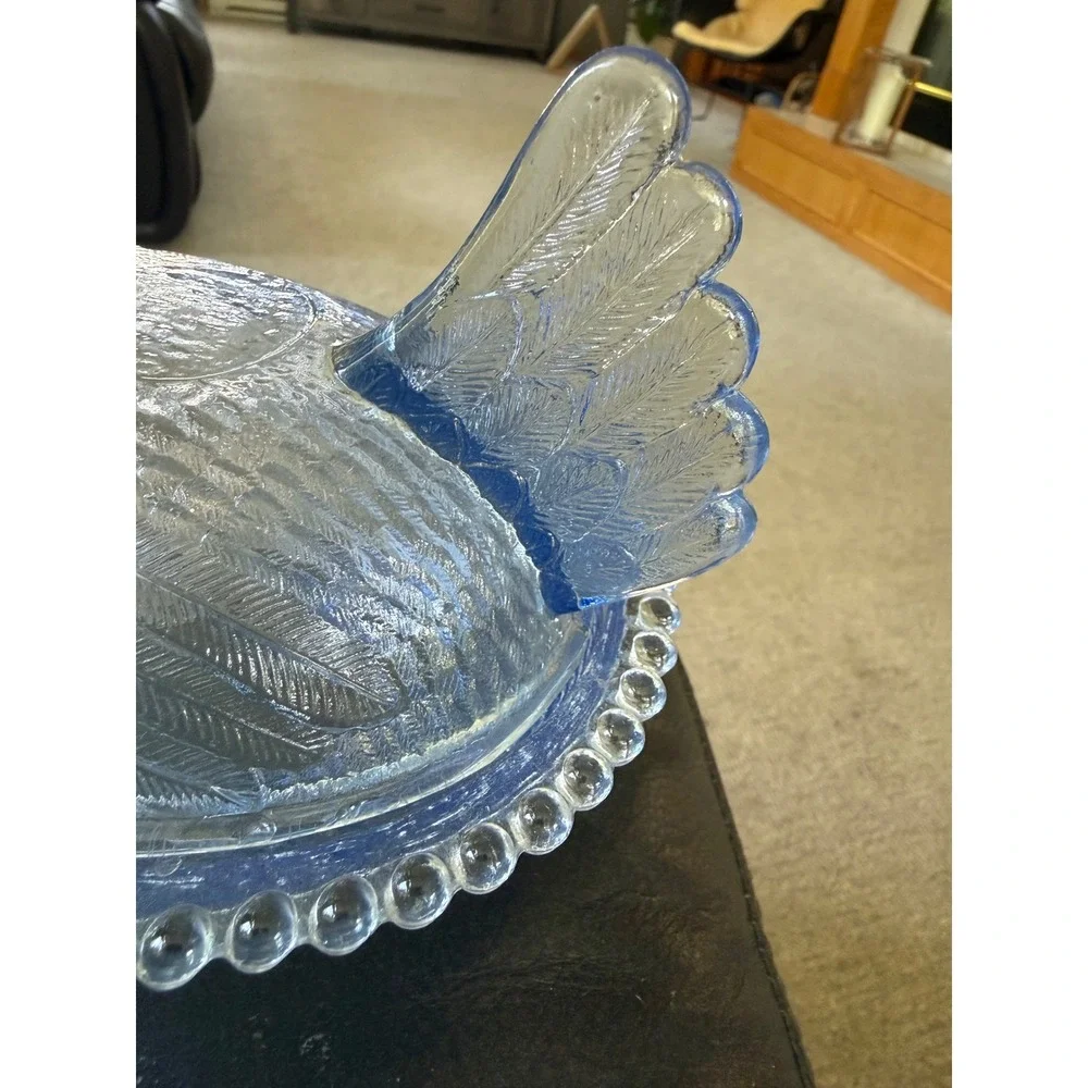 Vintage Indiana Blue Glass Hen on Nest Covered Dish Beaded Rim Candy Bowl Farm